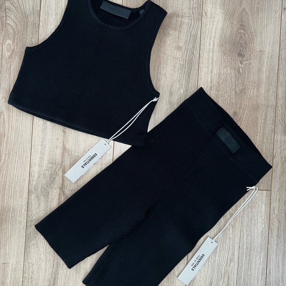 Essentials Black Ribbed Crop Tank with Bike Shorts Set